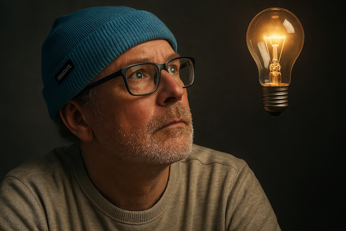 Vittrup-Graversen looking up at a glowing light bulb