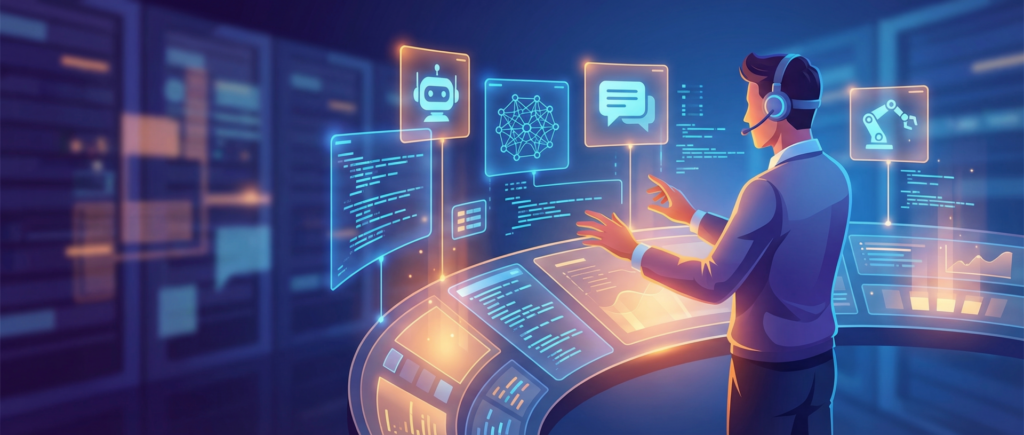 Agentic engineering — udvikler orkestrerer AI-agenter ved digital kommandocentral