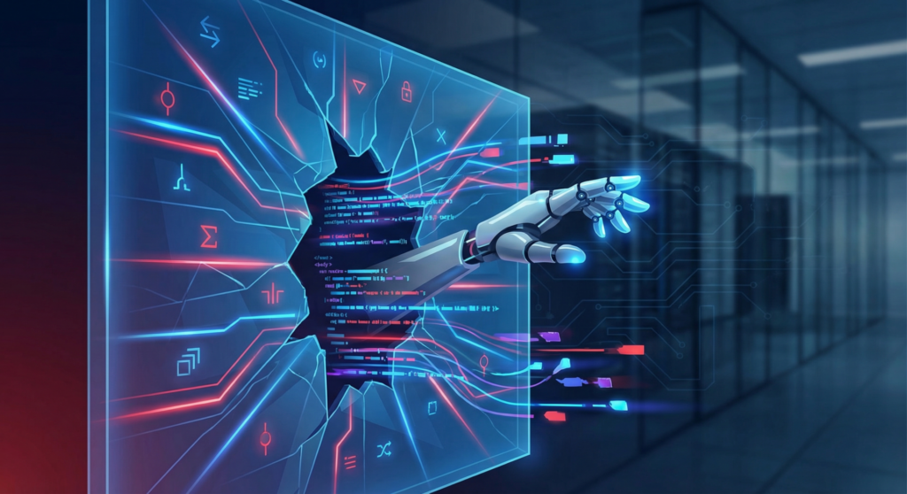 AI-agent sikkerhed — digital skjold der revner og lækker data