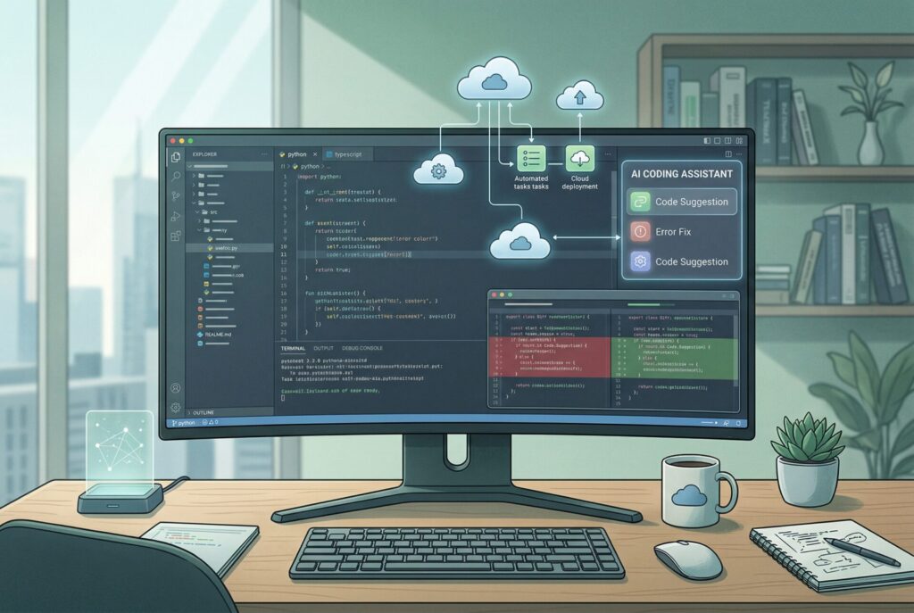 OpenAI Codex i en moderne udvikler-workspace med editor, diff og cloud tasks